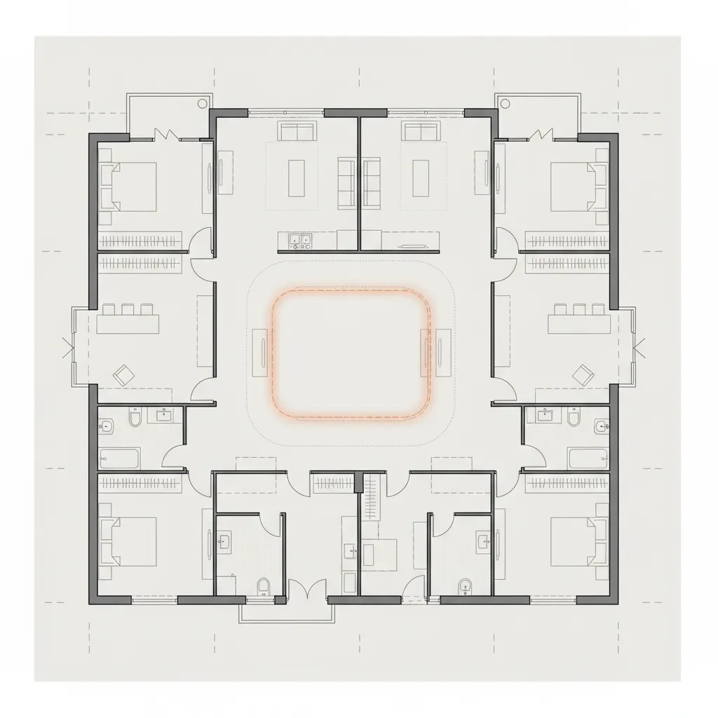 Detailed floor plan drawing showing a central room layout with an orange highlighted square border