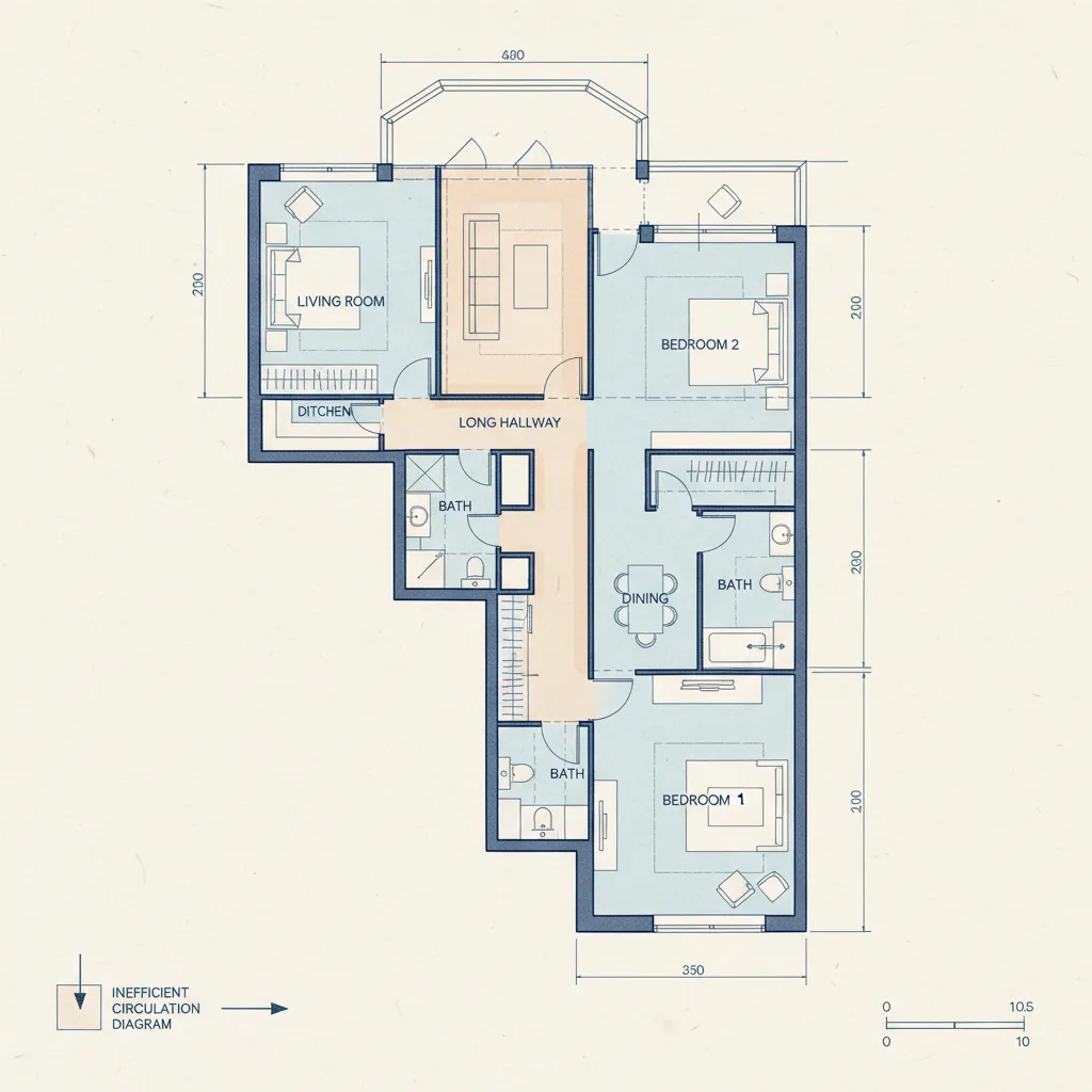 Plano de vivienda con pasillos largos que desperdician espacio