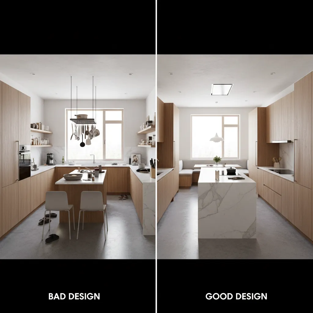 Comparación visual de una cocina mal distribuida frente a una cocina bien planificada