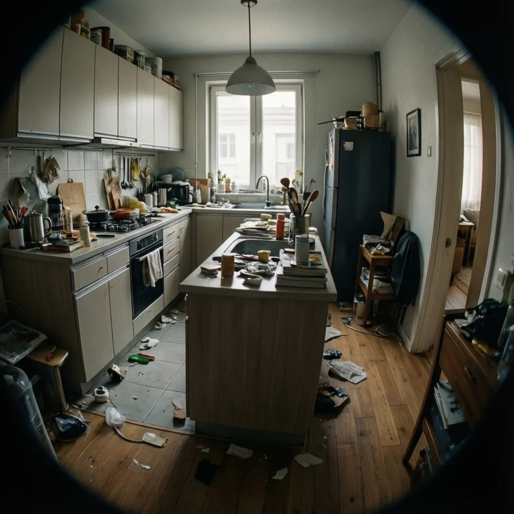 Cluttered kitchen with many items on island and counters including trash on the wooden floor