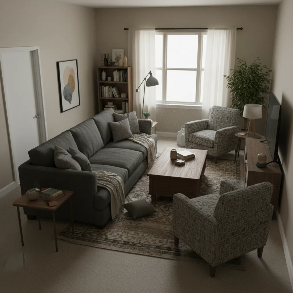 Ejemplo de diseño interior con mala distribución de muebles generado digitalmente