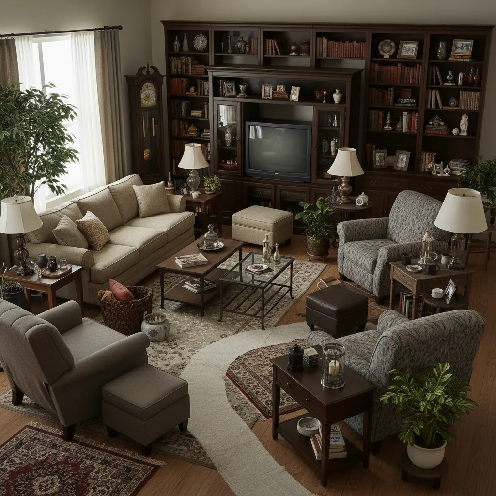 Ejemplo de sala con demasiados muebles y poco espacio de circulación