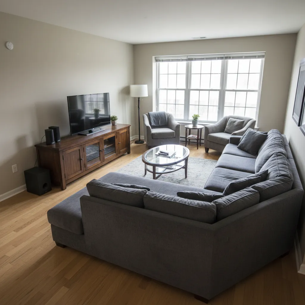 Living room with large grey sofa, two armchairs, wooden cabinet, coffee table, and large windows
