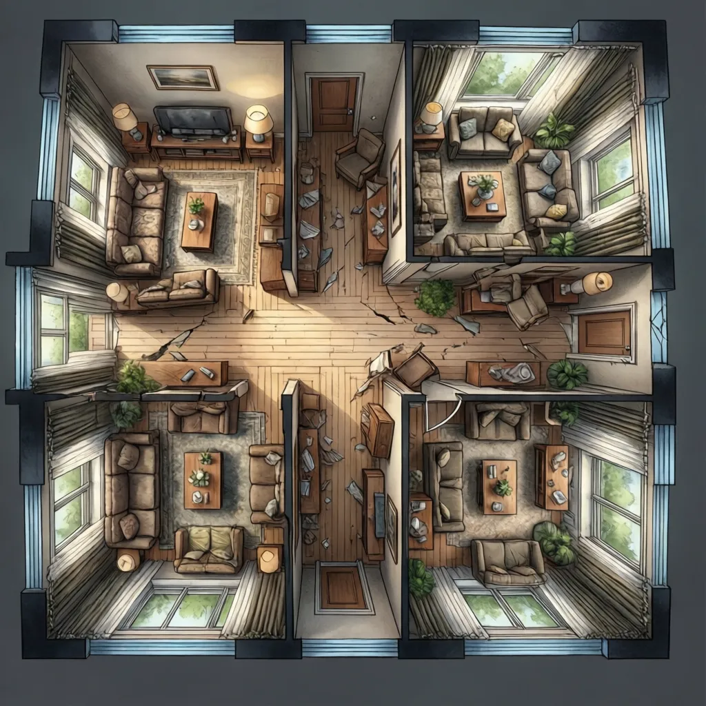 Top down drawing of a four room apartment layout with broken floors and messy furniture