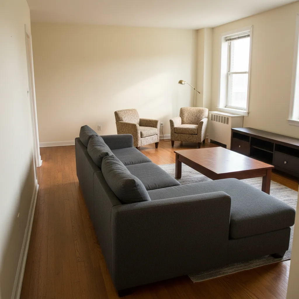 Modern living room with grey sofa wooden coffee table two patterned armchairs and dark cabinet
