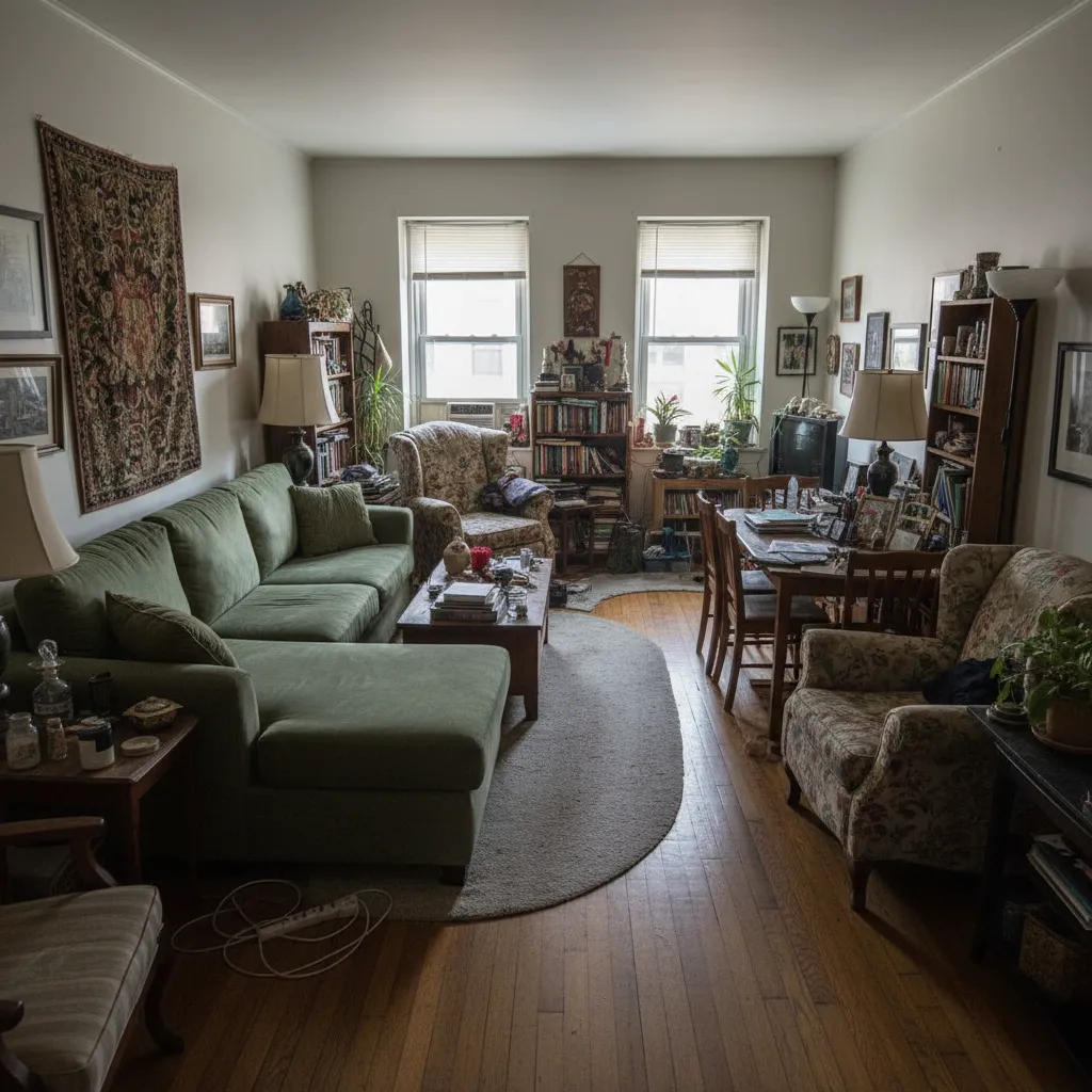 Salón pequeño con demasiados muebles mostrando mala distribución