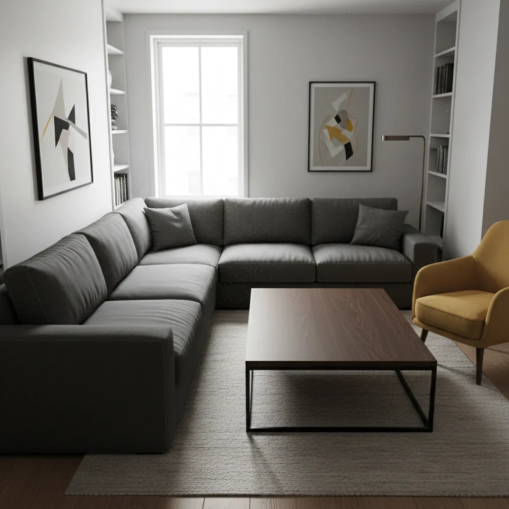 Modern living room with grey corner sofa wooden coffee table yellow armchair and wall bookshelves