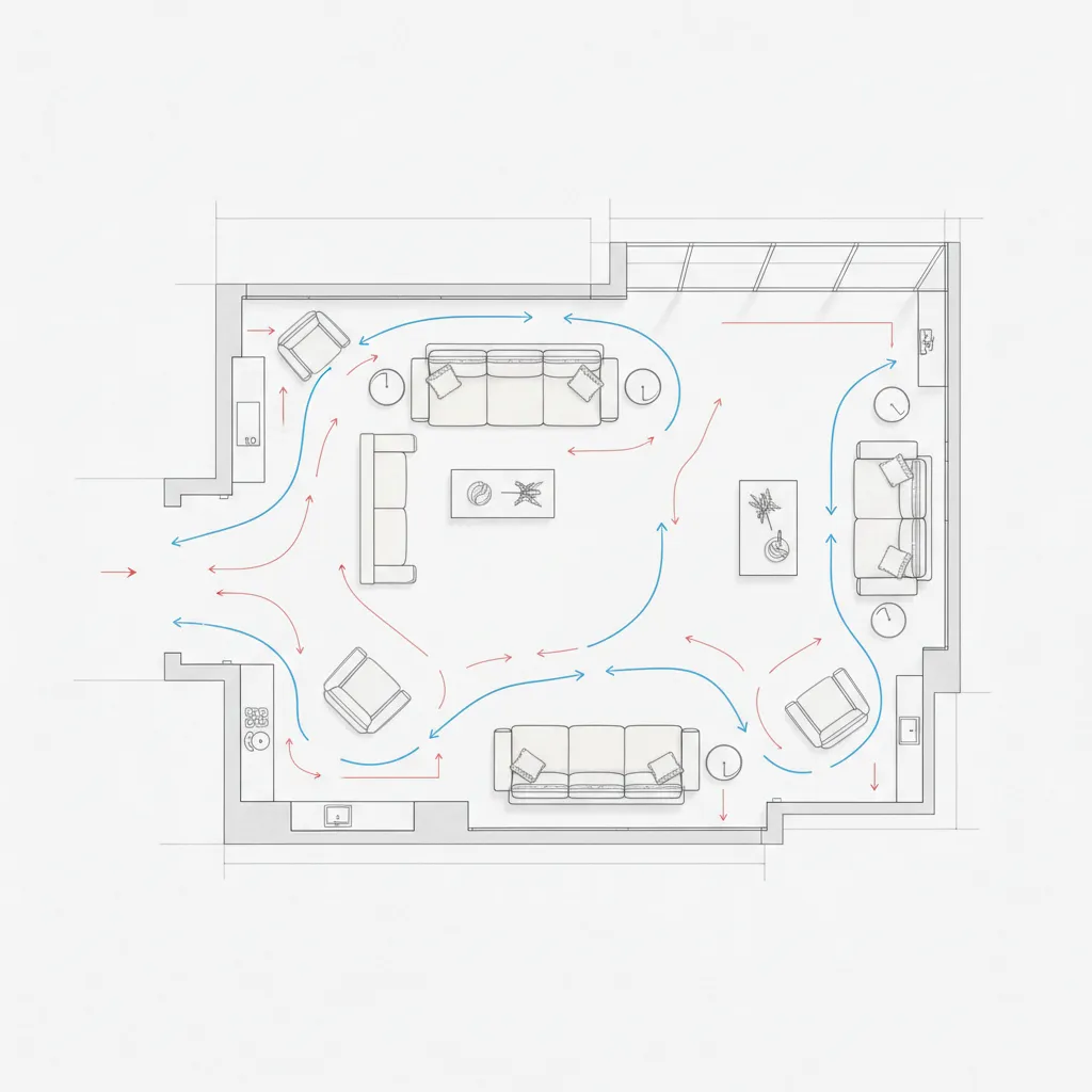 Plano mostrando problemas de circulación entre muebles en una casa