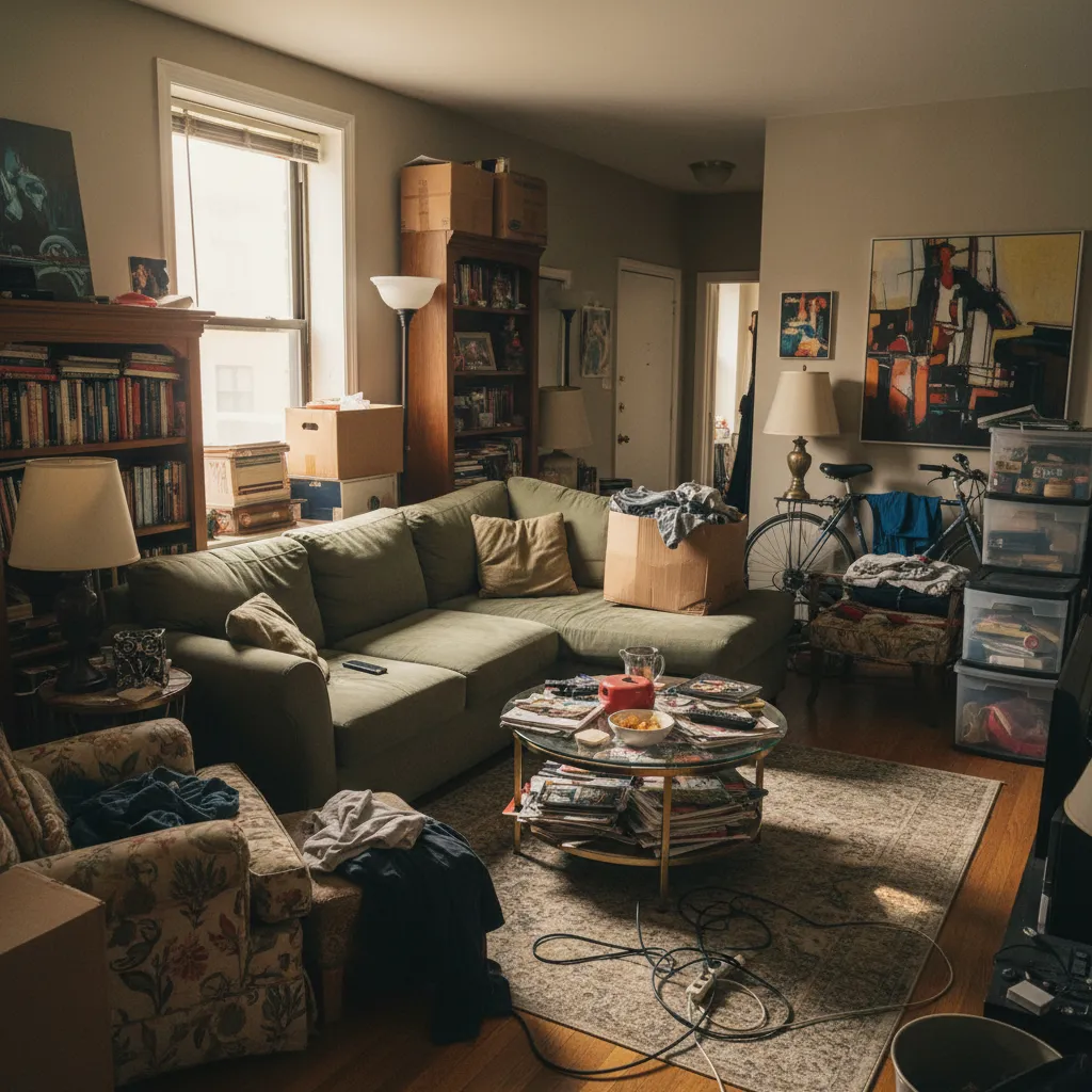 Cluttered living room with green sofa many books cardboard boxes and a bicycle inside space