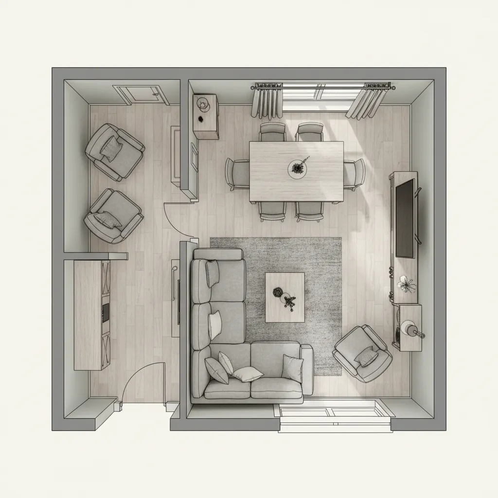 Plano digital mostrando muebles mal distribuidos en un espacio pequeño