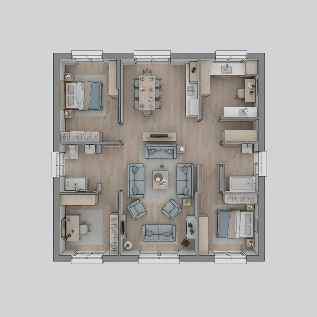 plano de vivienda con muebles demasiado juntos mostrando error de circulación