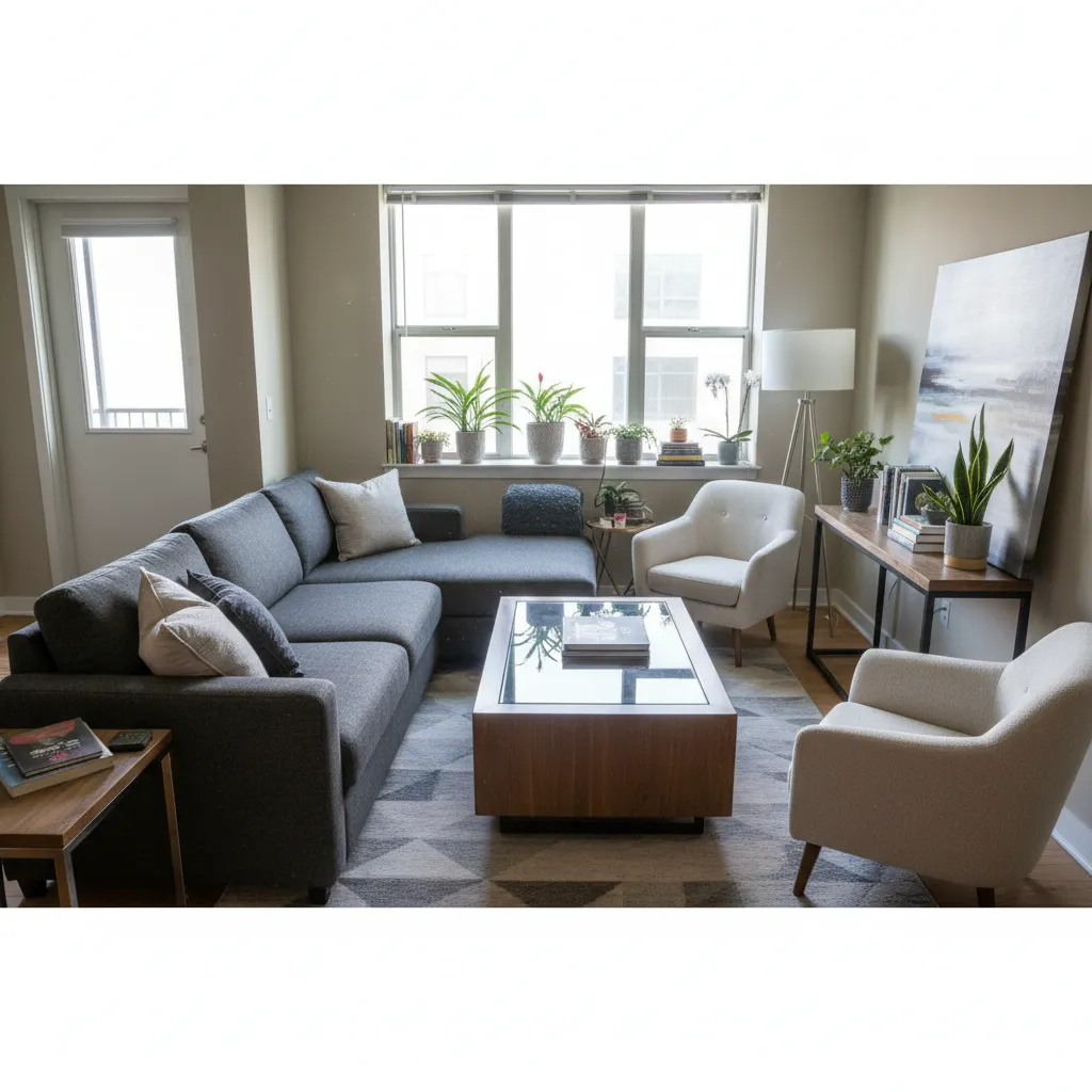Living room area showing grey sofa two white chairs coffee table and plants near large windows