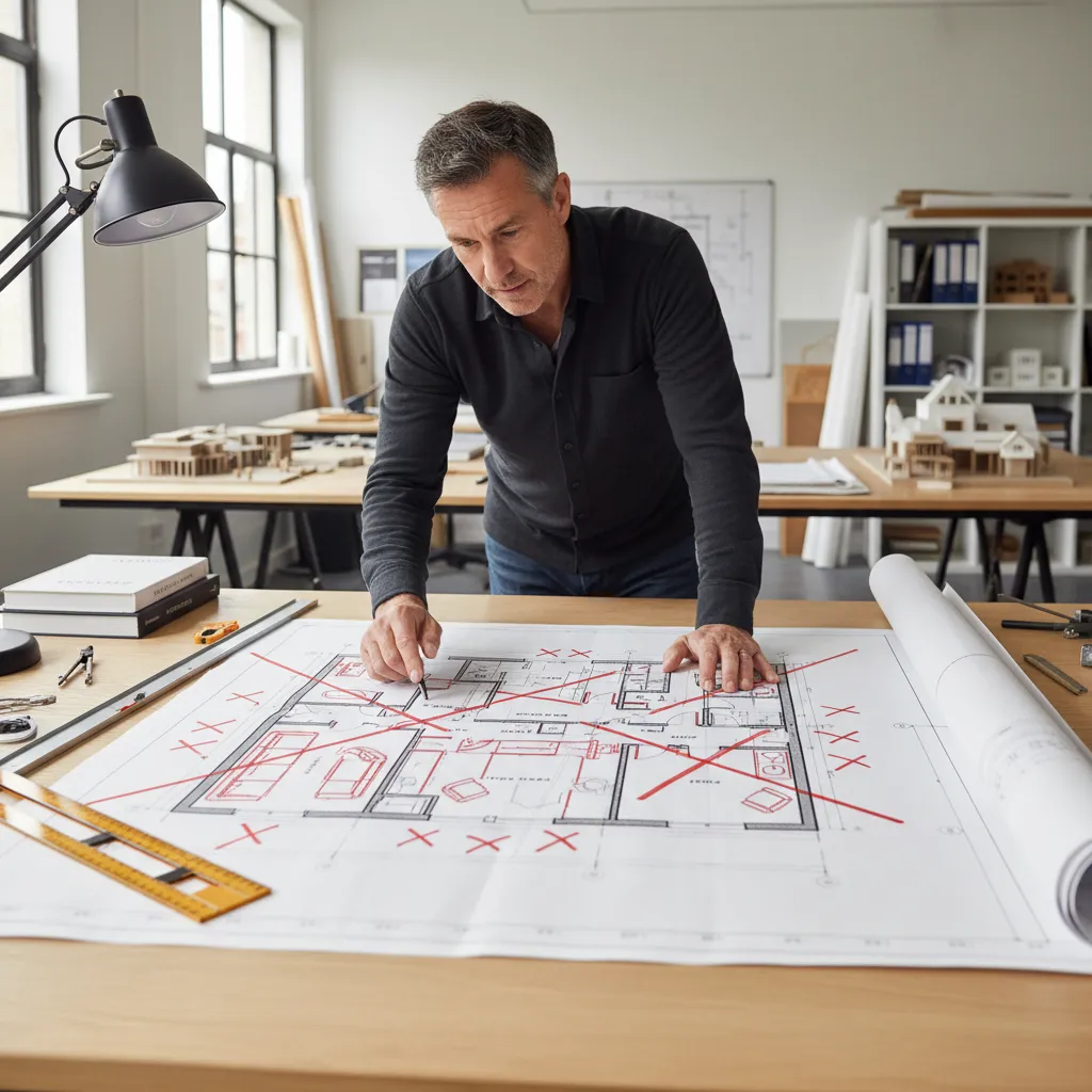 Designer reviewing paper house floor plan with red cross marks indicating errors in room layout