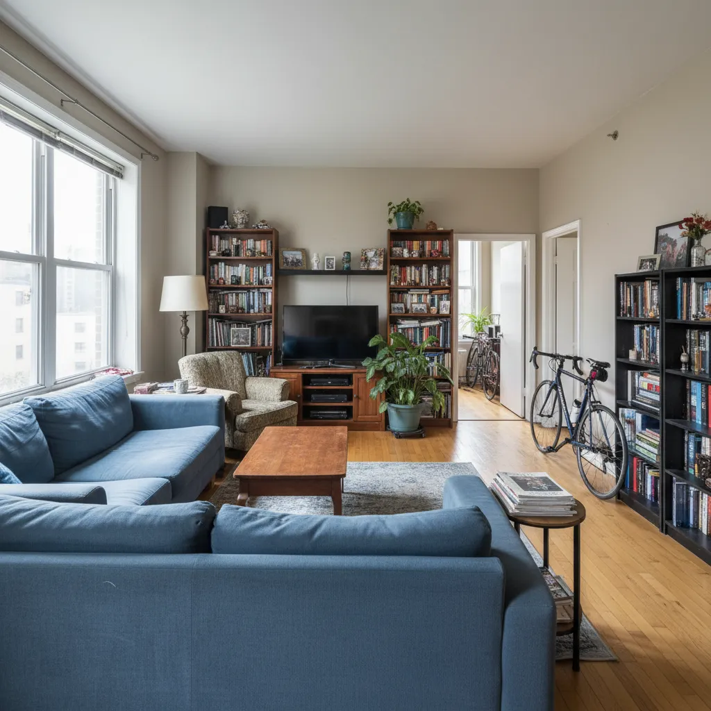 Ejemplo de sala con mala distribución y espacio de paso reducido