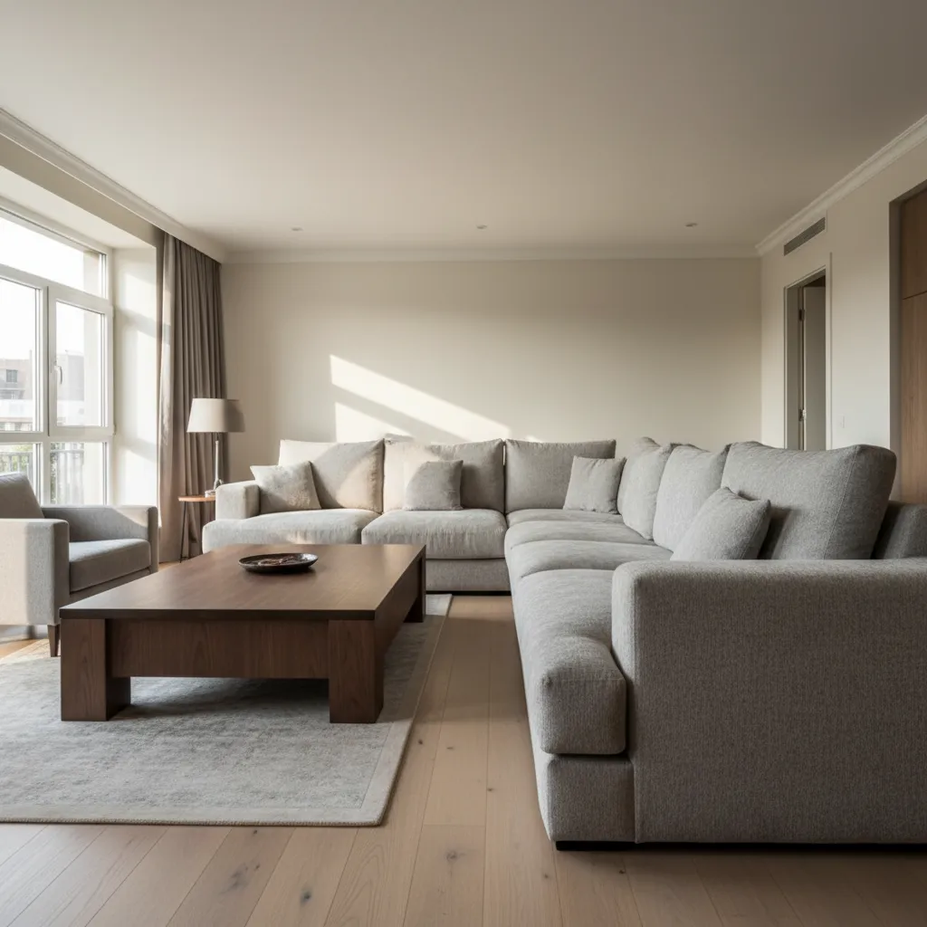 Salón con mala distribución de muebles bloqueando el paso