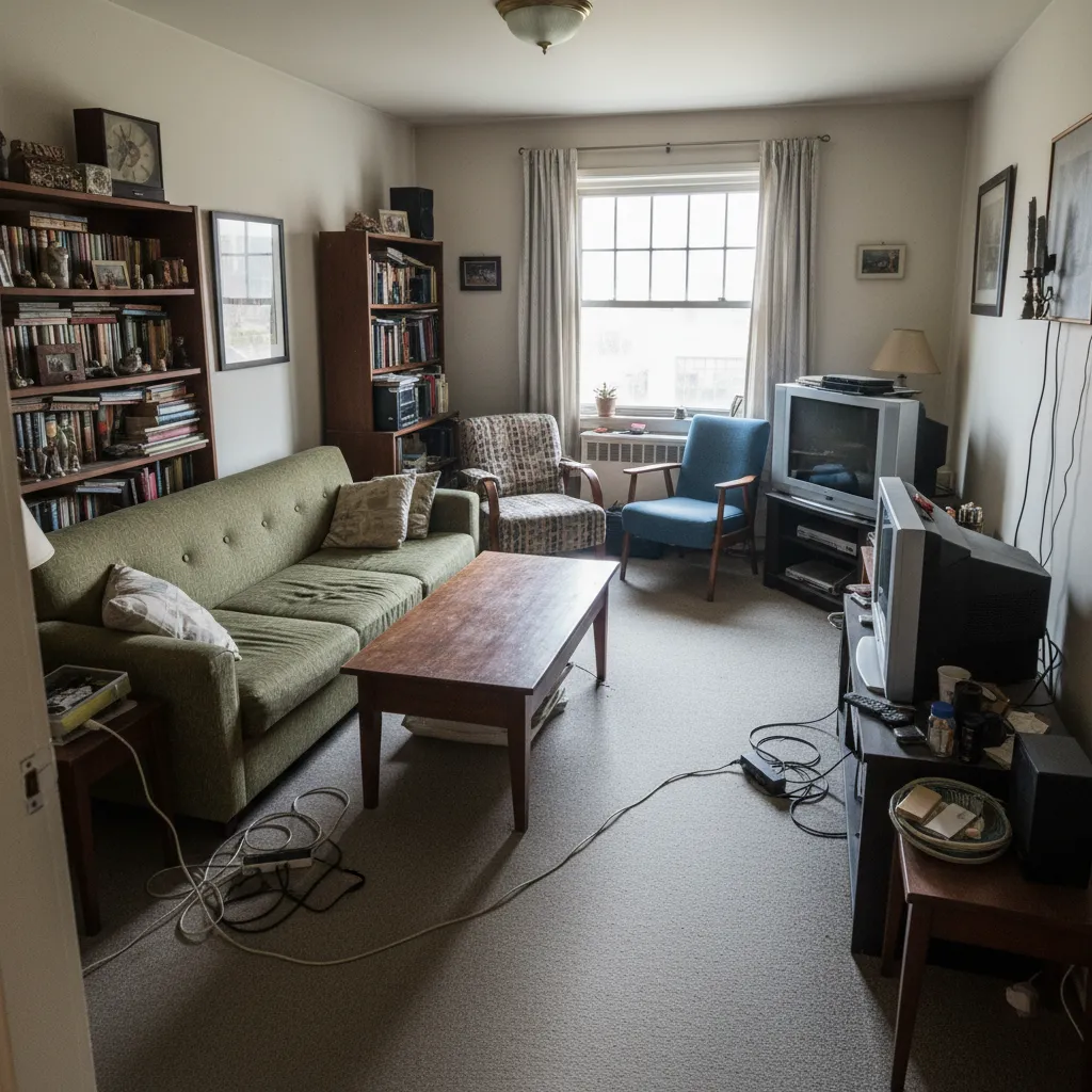 Messy living room with green sofa wooden coffee table old televisions bookshelves and tangled power cables