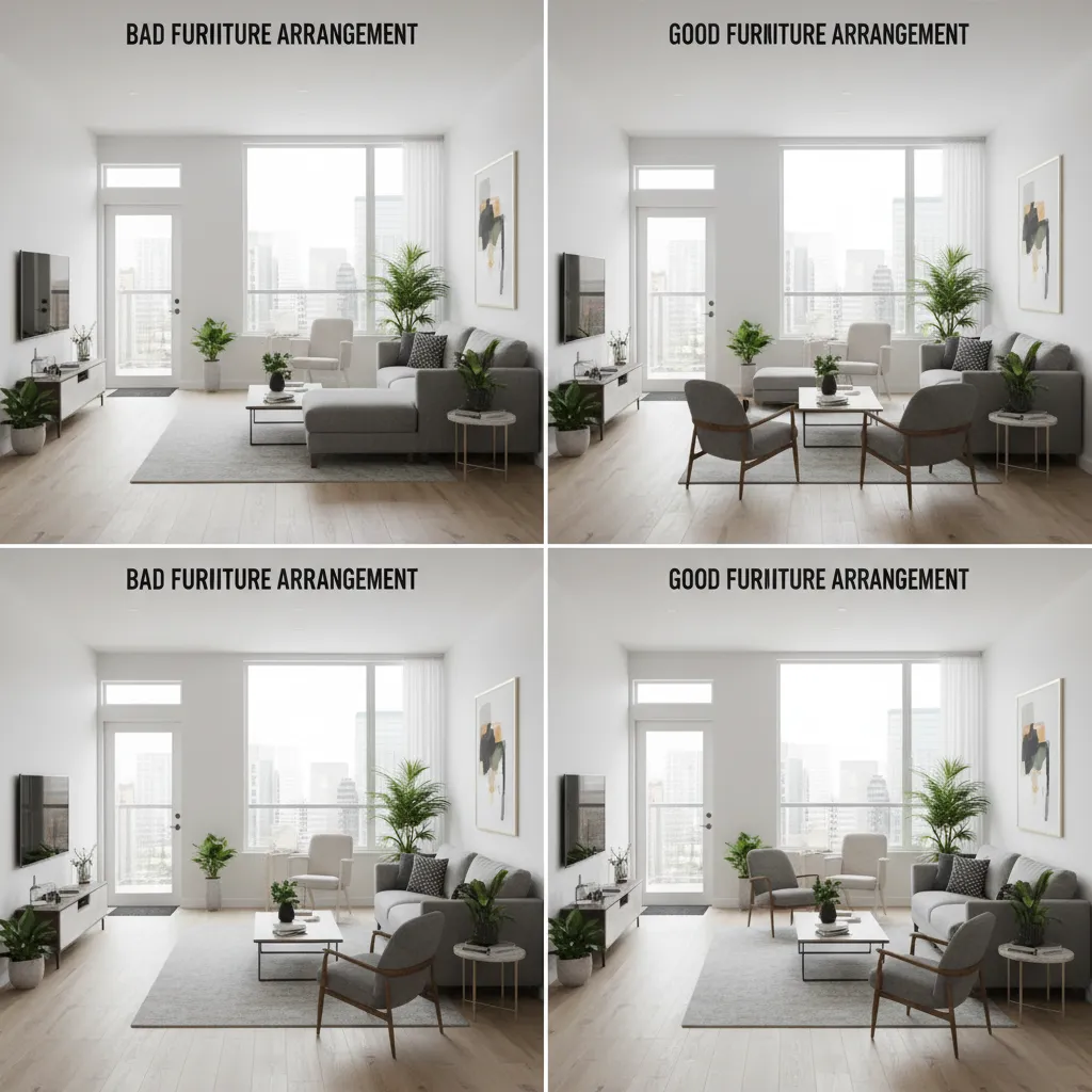 Comparación entre mala y buena distribución de muebles en un salón