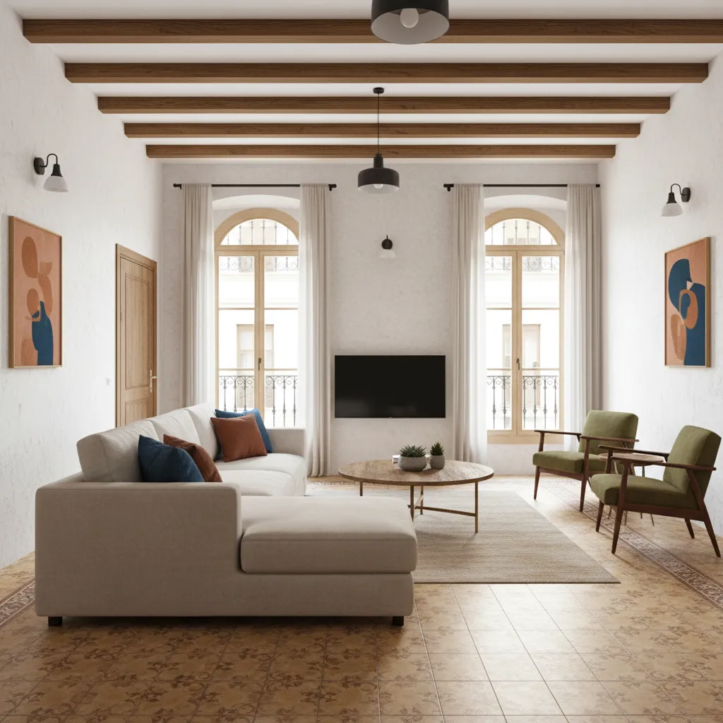 Interior design drawing of living room with cream sofa, green chairs, ceiling beams, and windows