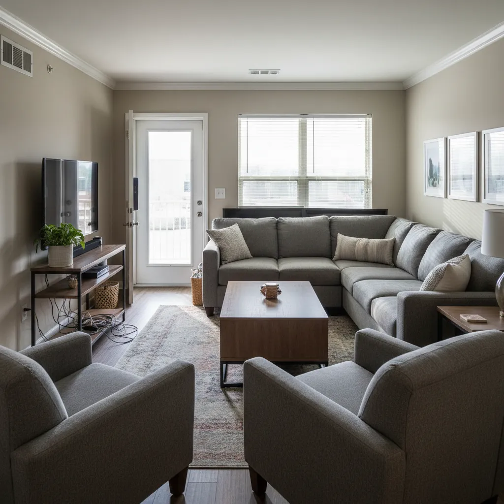 Salón con mala distribución de muebles que bloquea el paso