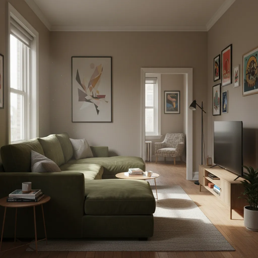 Cozy living room featuring green sofa and wooden television cabinet with framed art on wall