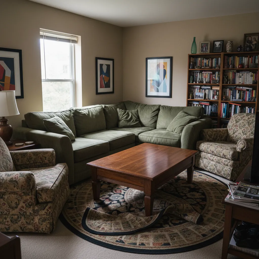 Living room with green sofa two floral chairs wooden coffee table and a messy rug