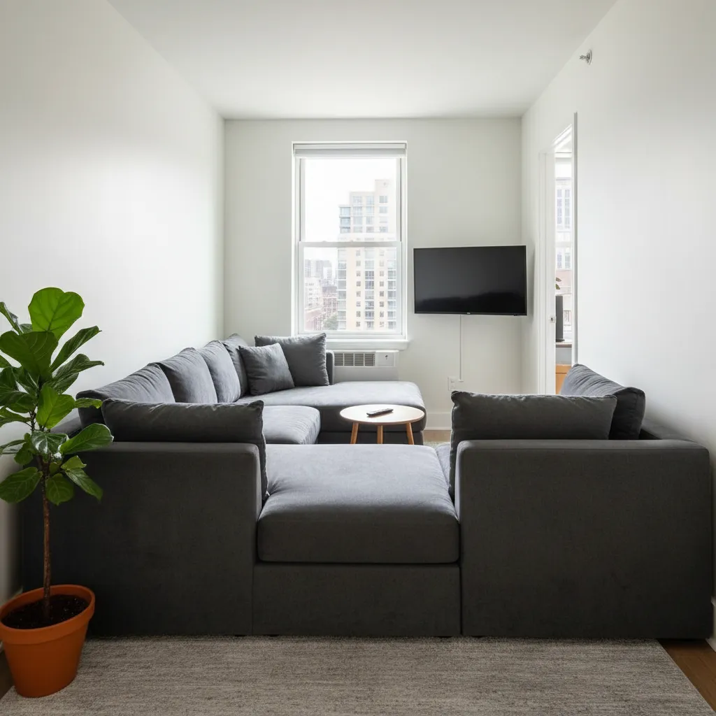 Large grey sofa filling a small white living room with a wall mounted television screen