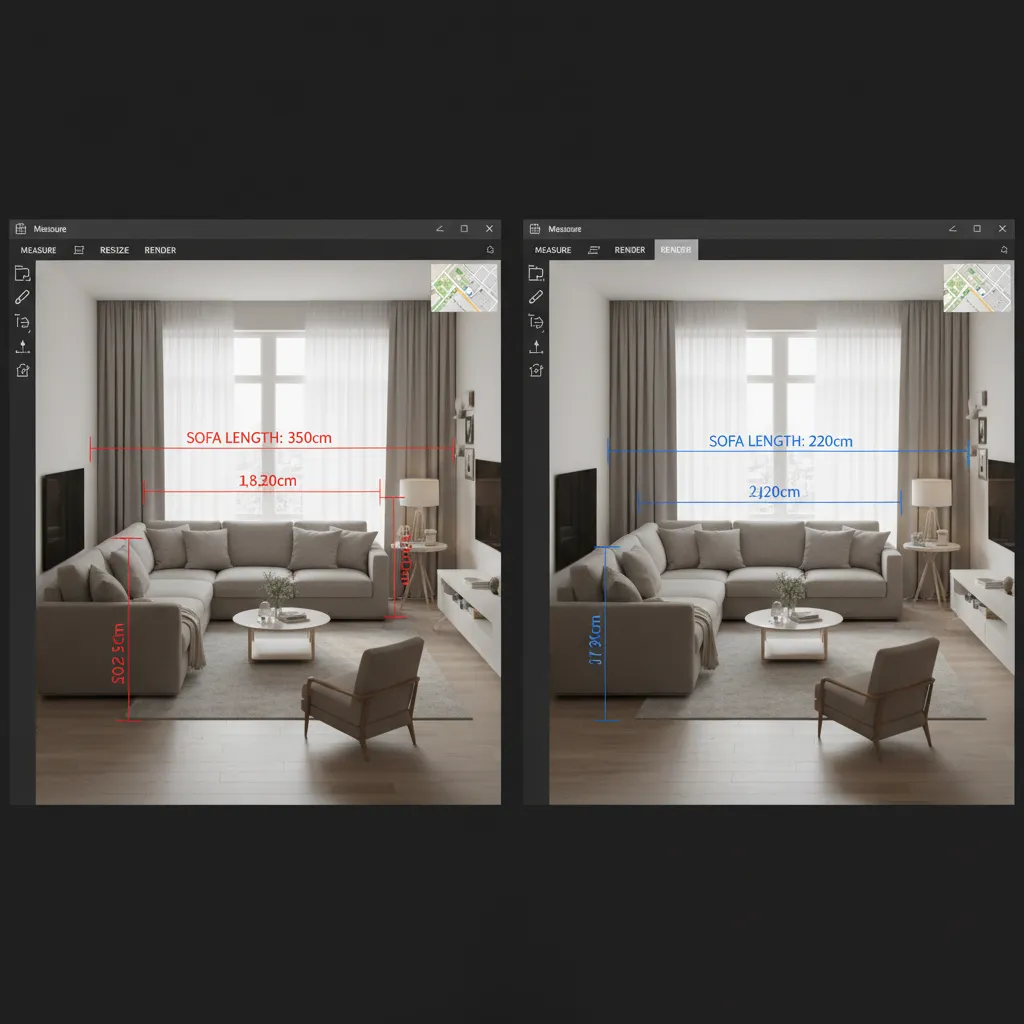 Comparación entre muebles mal escalados y muebles correctamente dimensionados en un plano 3D