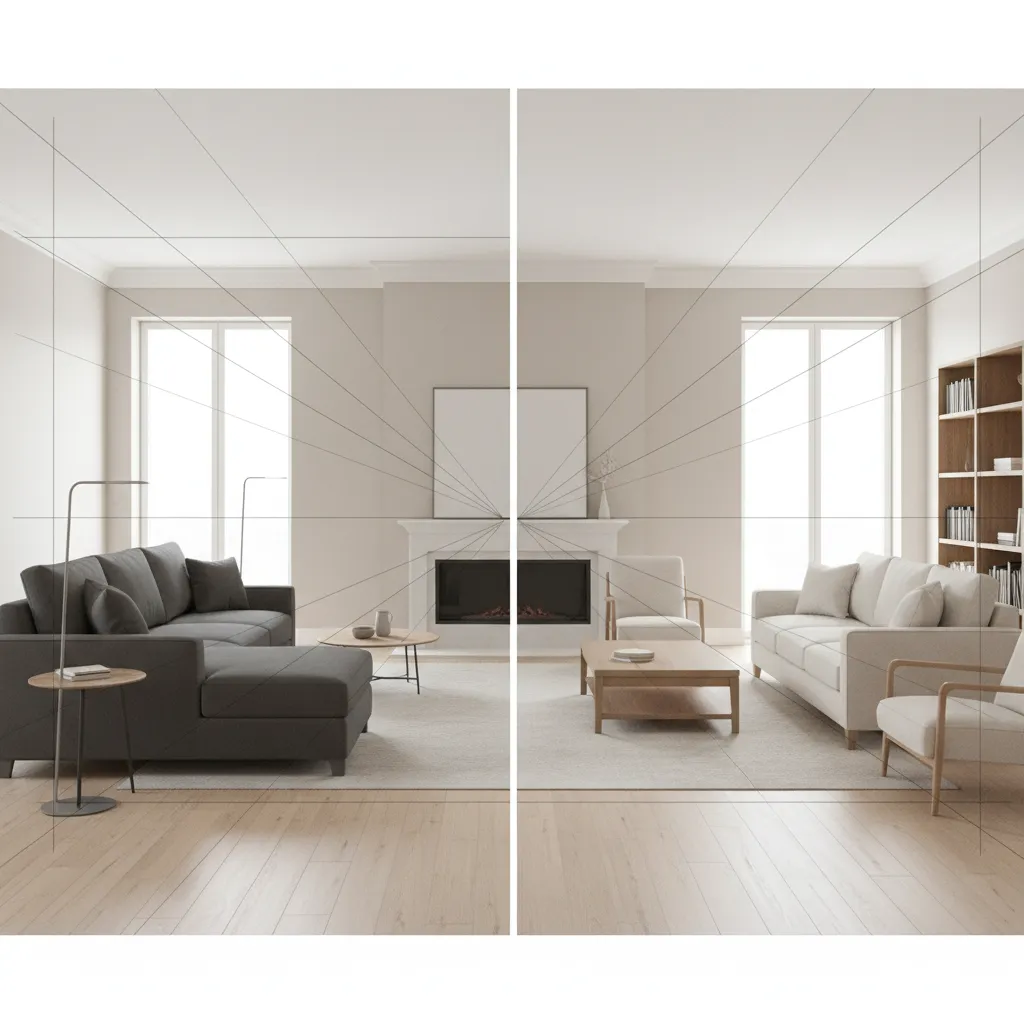 Comparación de muebles fuera de escala en perspectiva interior