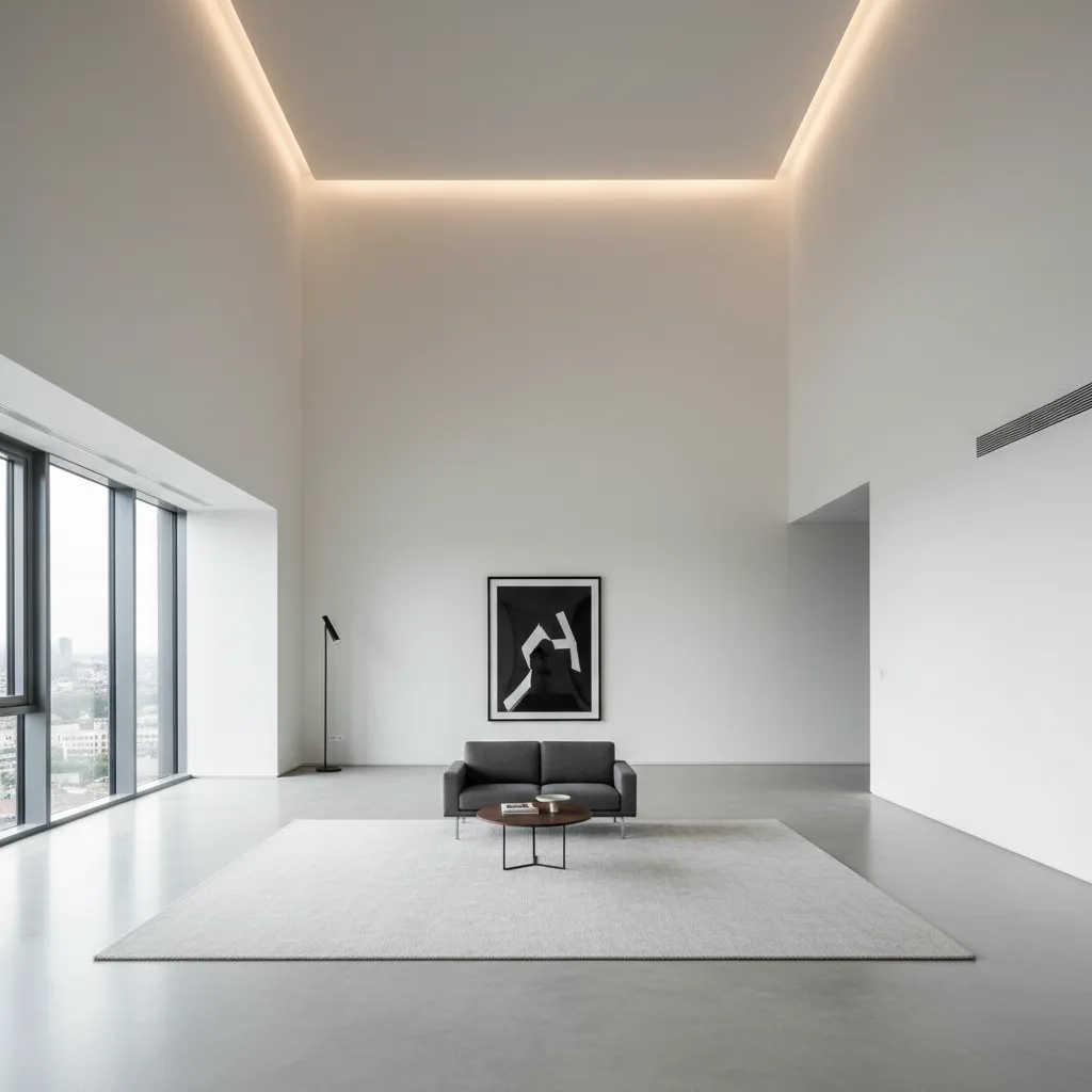 Salón grande con sofá pequeño y muebles desproporcionados