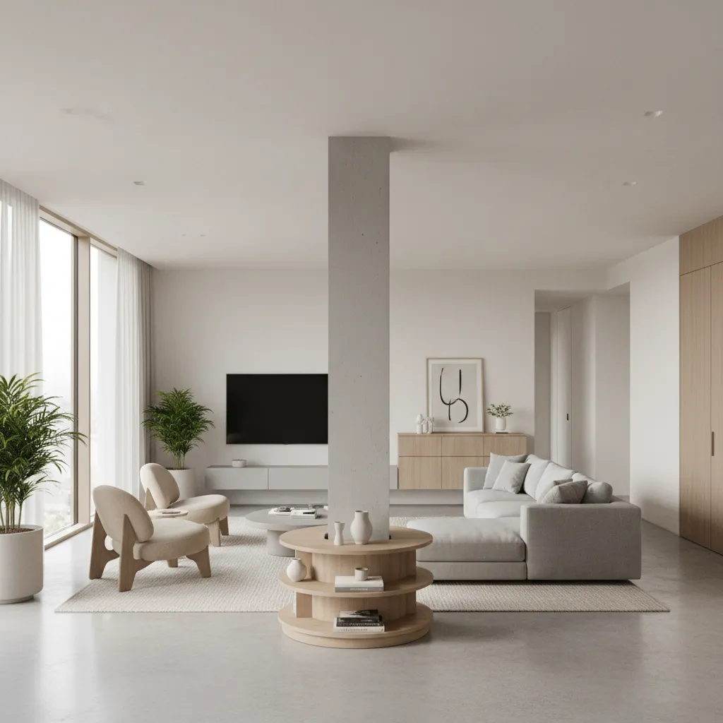 columna estructural ubicada en medio de una sala mostrando error de diseño