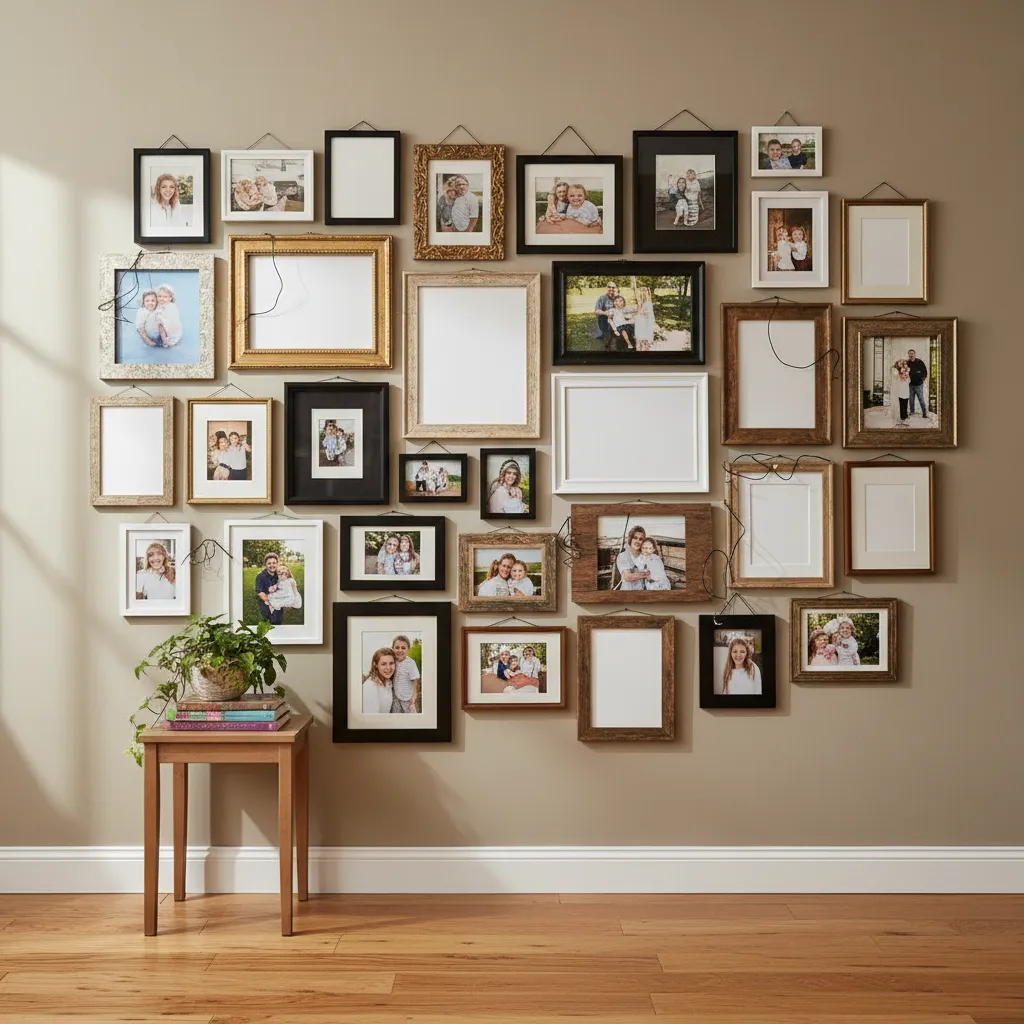 Wall with many messy and mismatched picture frames in different sizes above a small table