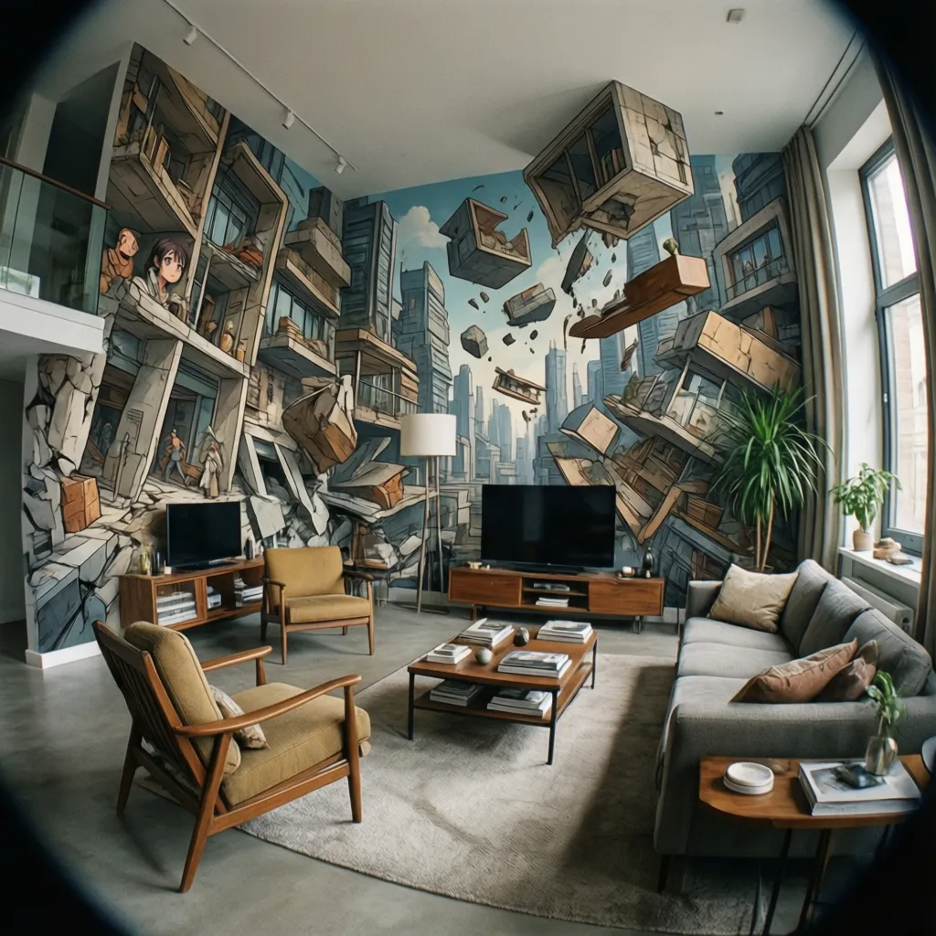 Living room interior design drawing with sofa chairs and a distorted floating city wall mural