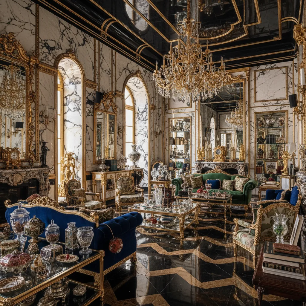 Interior sobrecargado con demasiados materiales lujosos