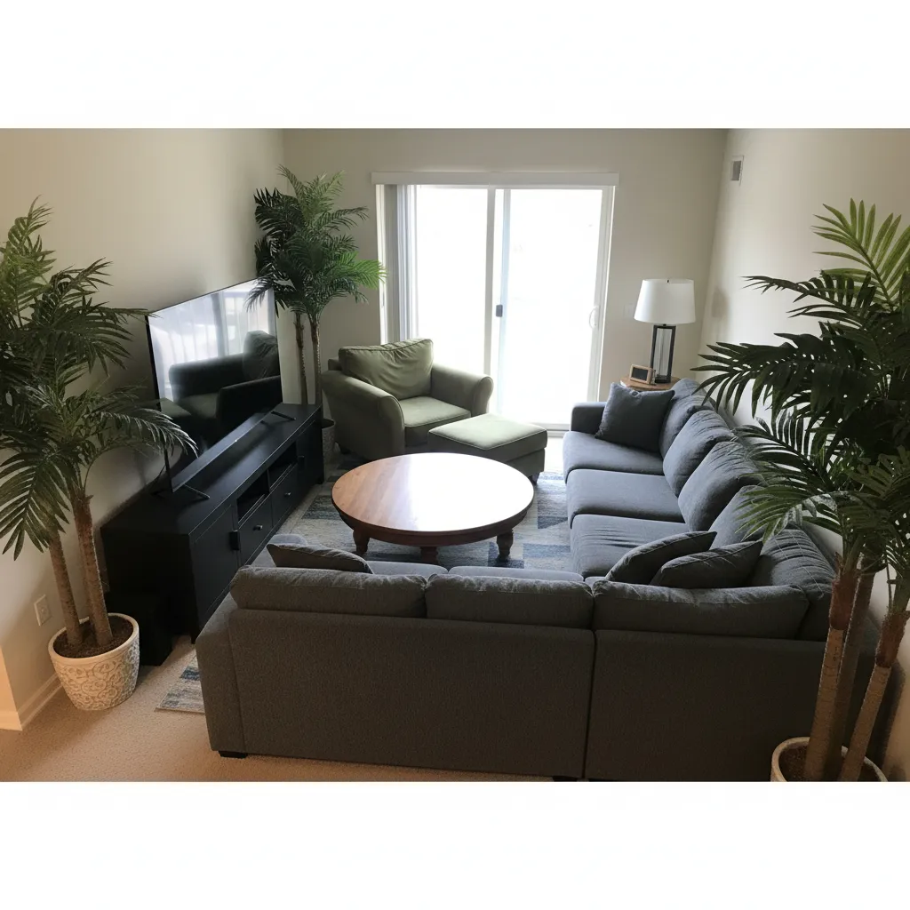 Living room with large grey sofa green chair round wood table television and indoor plants