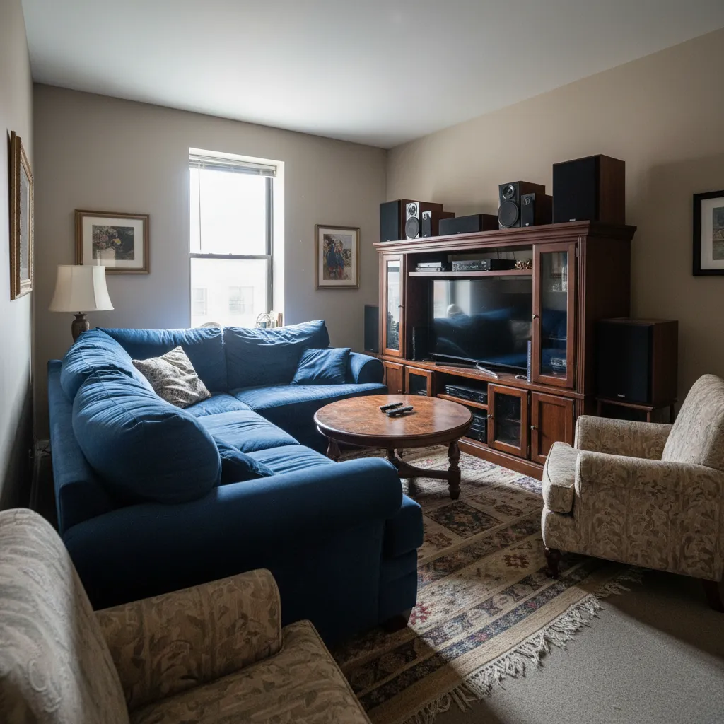 Sala pequeña con muebles demasiado grandes ocupando el espacio