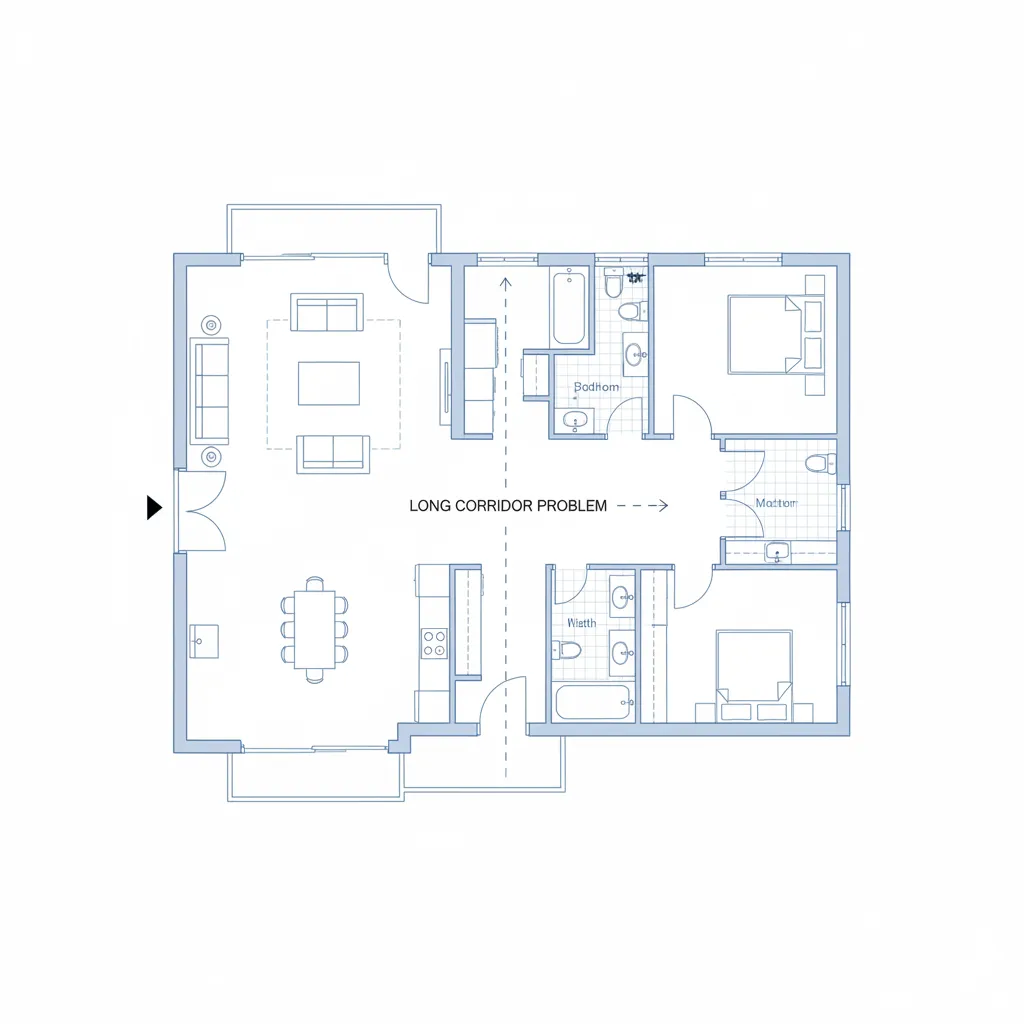 Interior design drawing of floor plan with living area kitchen and long hallway marked with arrows