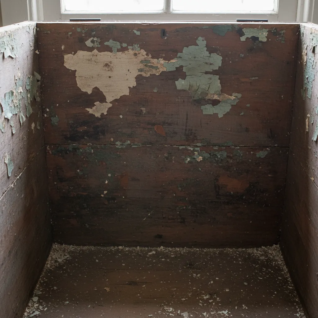 Interior de baúl con pintura descascarada por mala preparación
