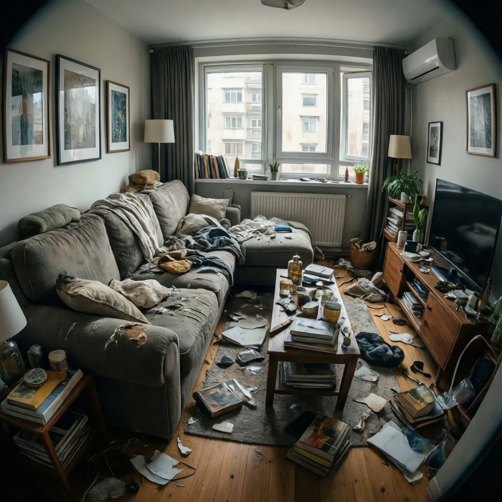 Messy living room with torn grey sofa, cluttered coffee table, and papers scattered on floor