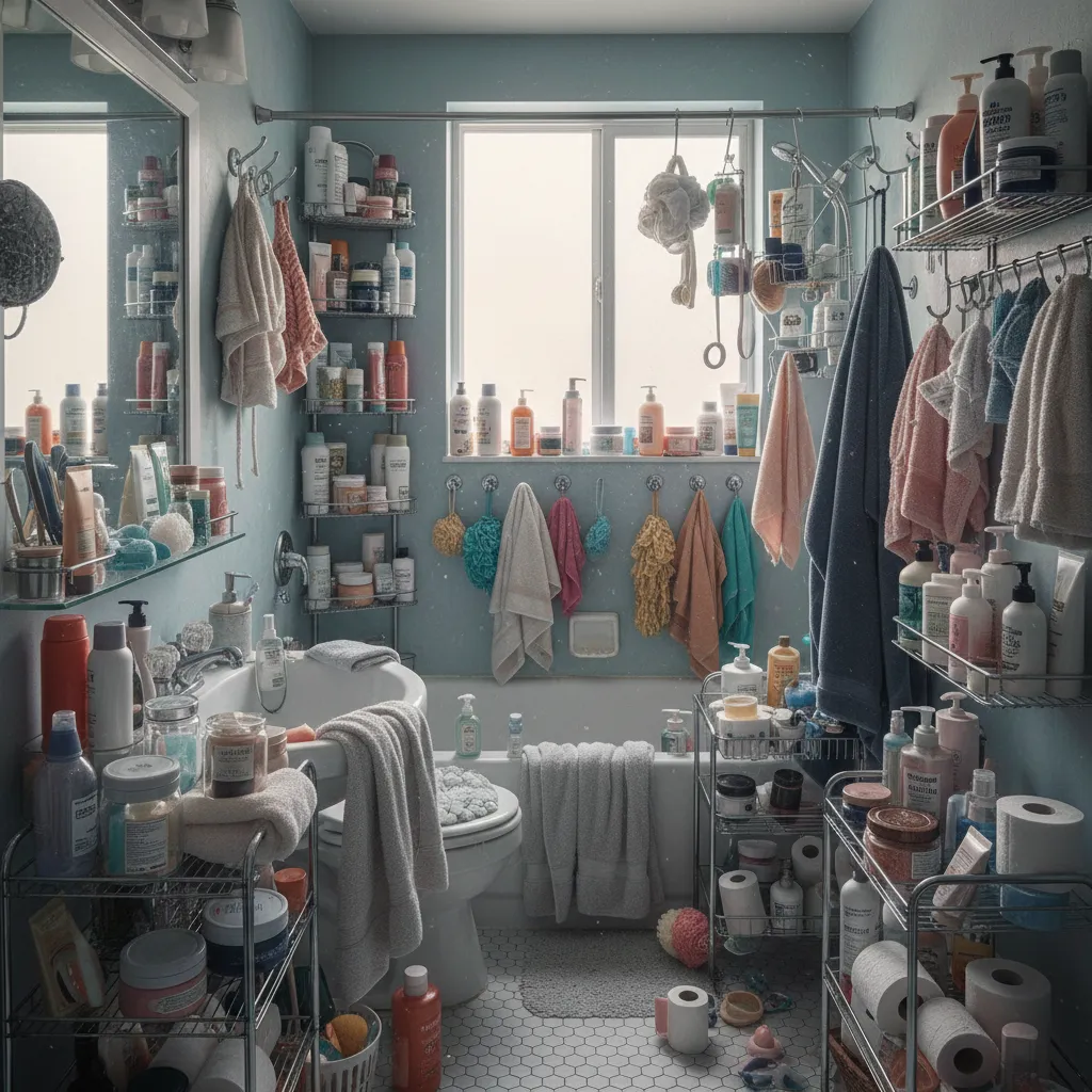 Baño con demasiados accesorios visibles creando desorden visual
