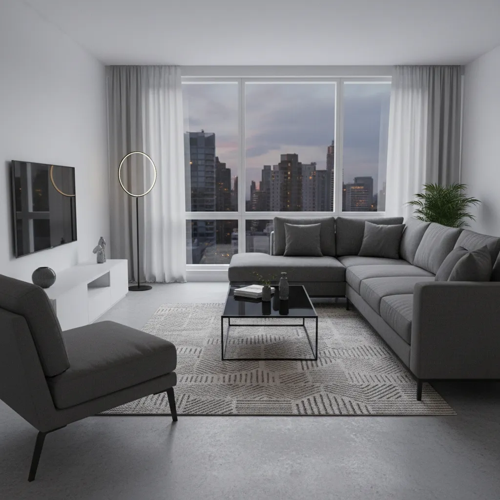 Contemporary living room with grey sofa, black coffee table, geometric rug, and urban city view