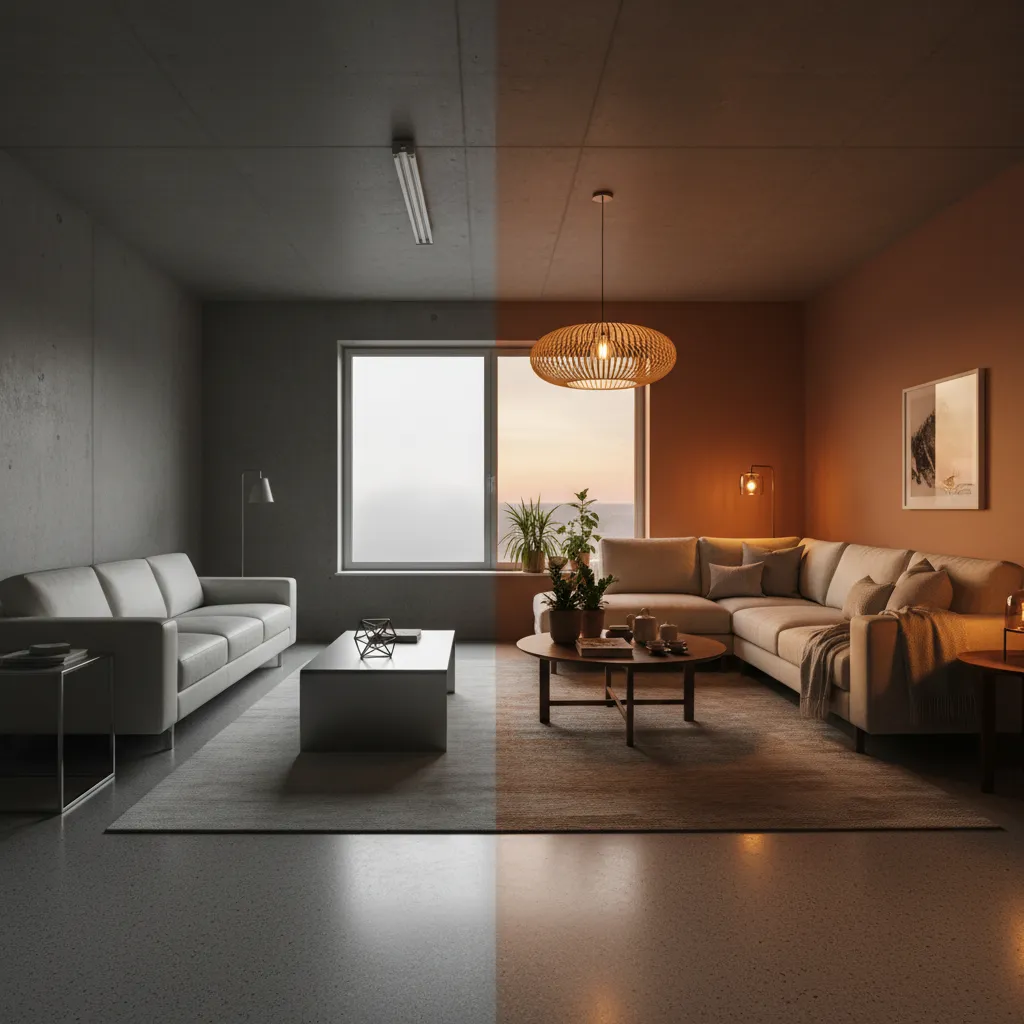 Sala de estar con mala iluminación fría y ambiente poco acogedor