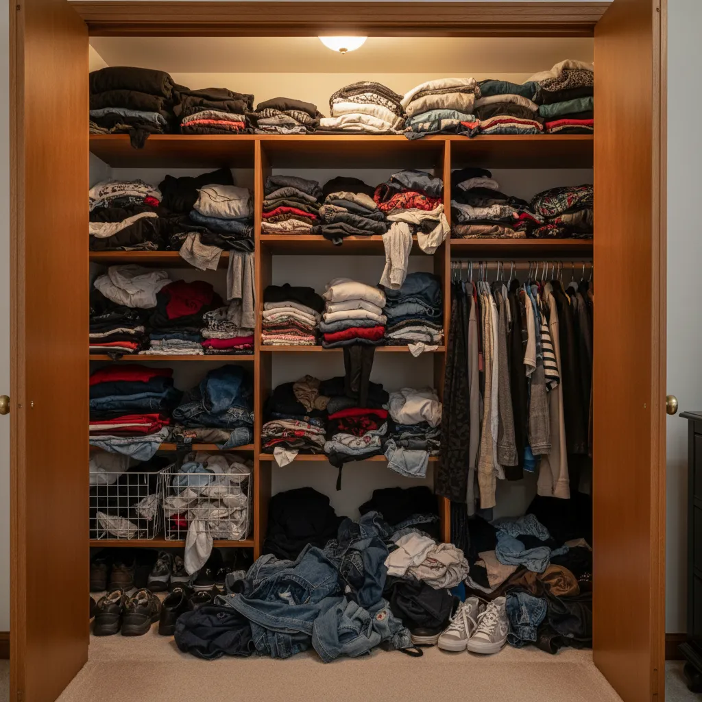 Messy and unorganized wooden closet with clothes piled high on shelves and on the floor