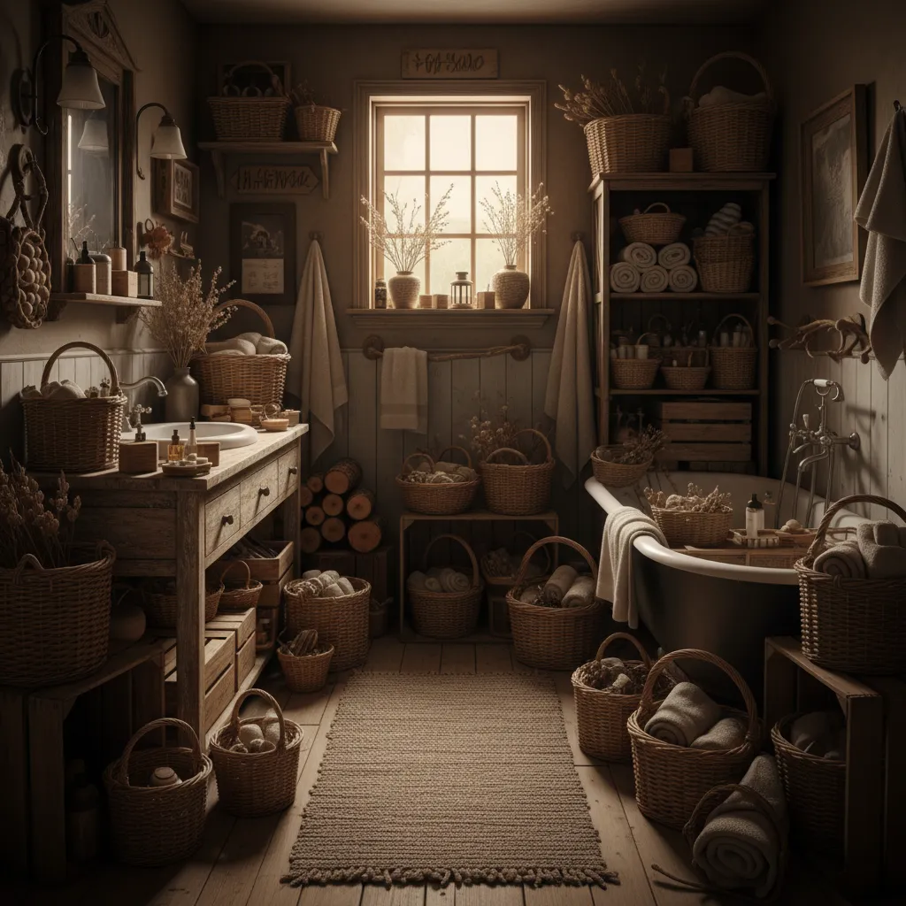 Rustic bathroom storage with many wicker baskets wooden cabinet towels white bathtub and warm light