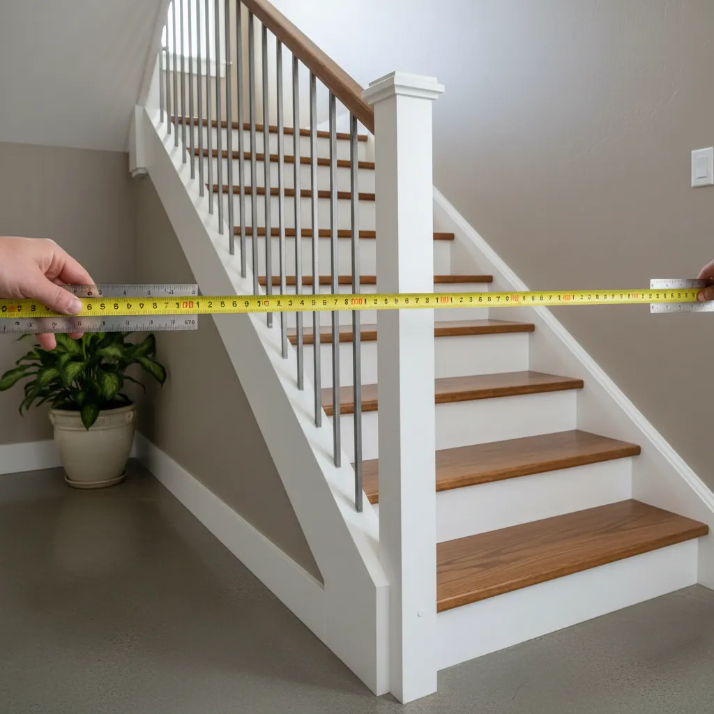 Escalera con barandal mal diseñado mostrando problemas de separación y proporción