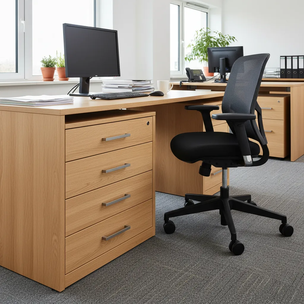 Wooden office desk with integrated cabinet drawers black ergonomic chair computer monitor and office plants