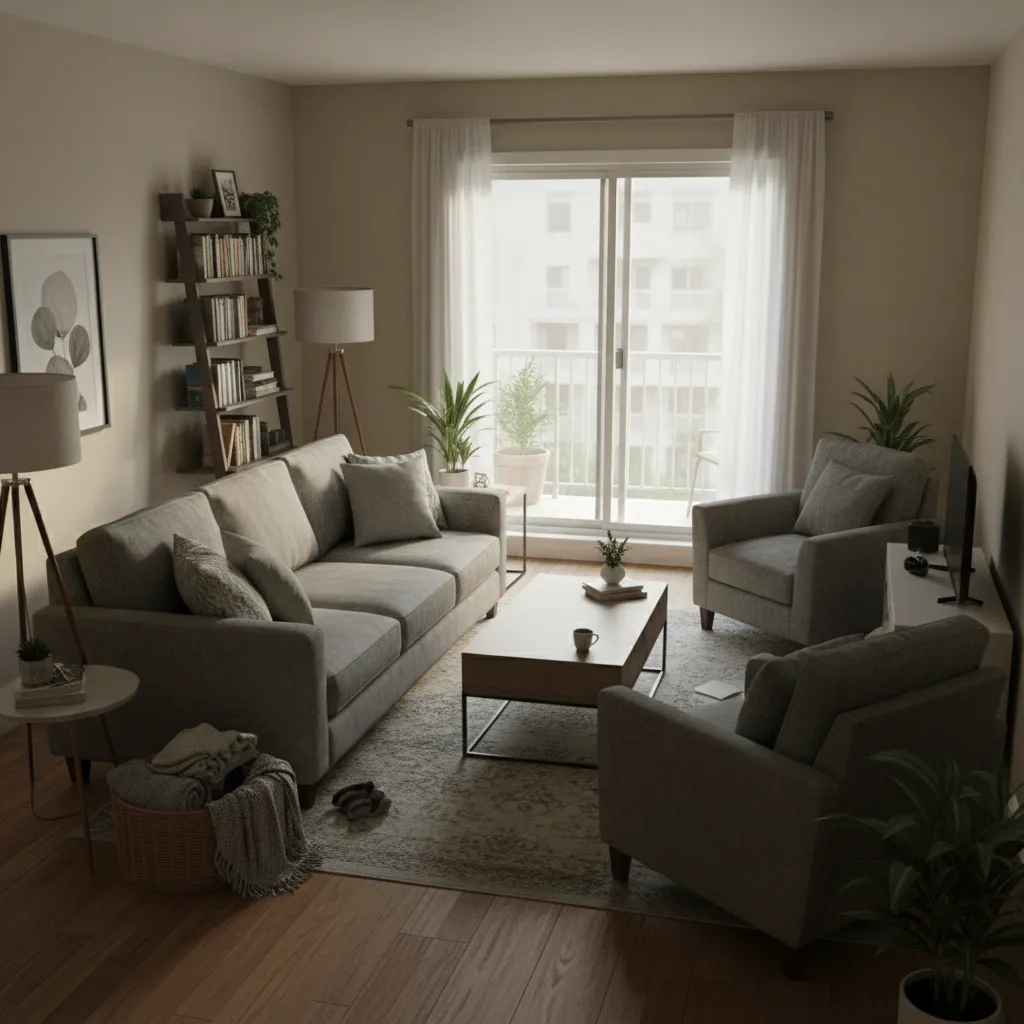 Living room with grey sofa two armchairs coffee table bookshelf and large glass sliding door