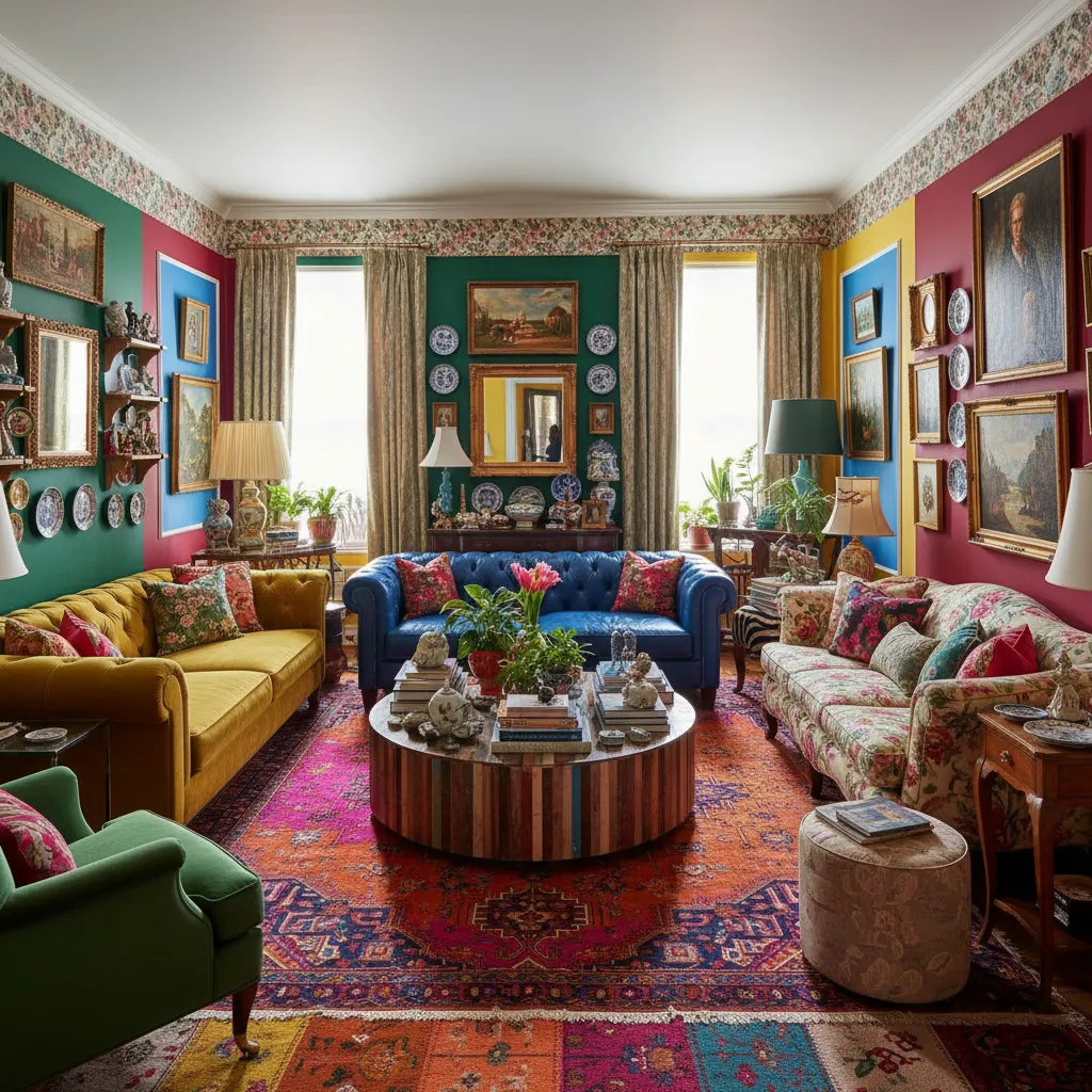 Interior con demasiados colores y decoración desordenada que muestra errores de diseño