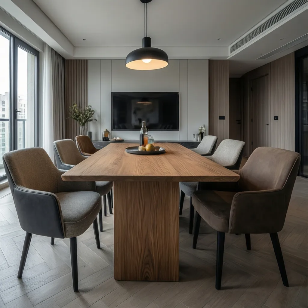 Comedor con mezcla incorrecta de muebles que rompe el estilo escandinavo
