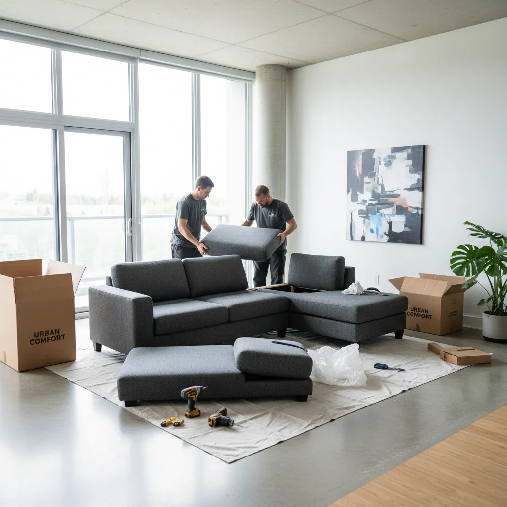 Entrega de muebles en un apartamento con cajas y piezas pendientes de instalar