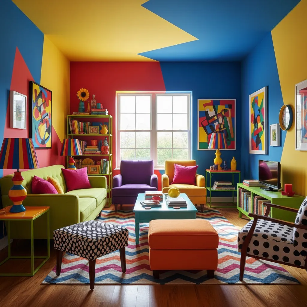 Colorful living room with bright painted walls green sofa purple chairs patterned rug and artworks